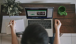 Photo of person at a laptop with a green UNT mug
