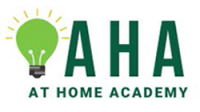 AHA: At Home Academy Logo with green lettering on white background with green light bulb