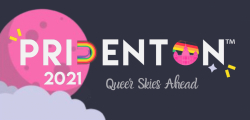2021 PRIDENTON - Queer Skies Ahead. The logo is black with a pink moon and gray clouds. The "D" in PRIDENTON is rainbow-colored and the "O" in PRIDENTON is the City of Denton logo with a rainbow background