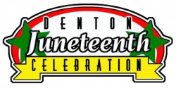 Denton Juneteenth Celebration Logo. The logo has two green stars, a yellow celebration banner and a red loop