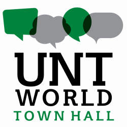 UNT World Town Hall Logo with green and gray speech bubbles
