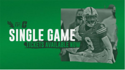 Foto de Jugador de Football de UNT en fondo verde y el texto en blanco "Single Game Tickets" ya disponible