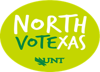 Logotipo de North Texas que contiene la palabra vote enfrente y es unido con la palabra Texas en un fondo verde claro