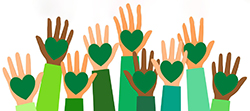 illustration of raised hands with green hearts on palms of hands