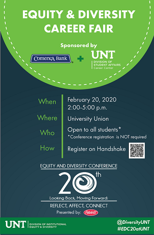 UNT Equity & Diversity Career Fair Flyer - Feb. 20, 2-5pm in University Union