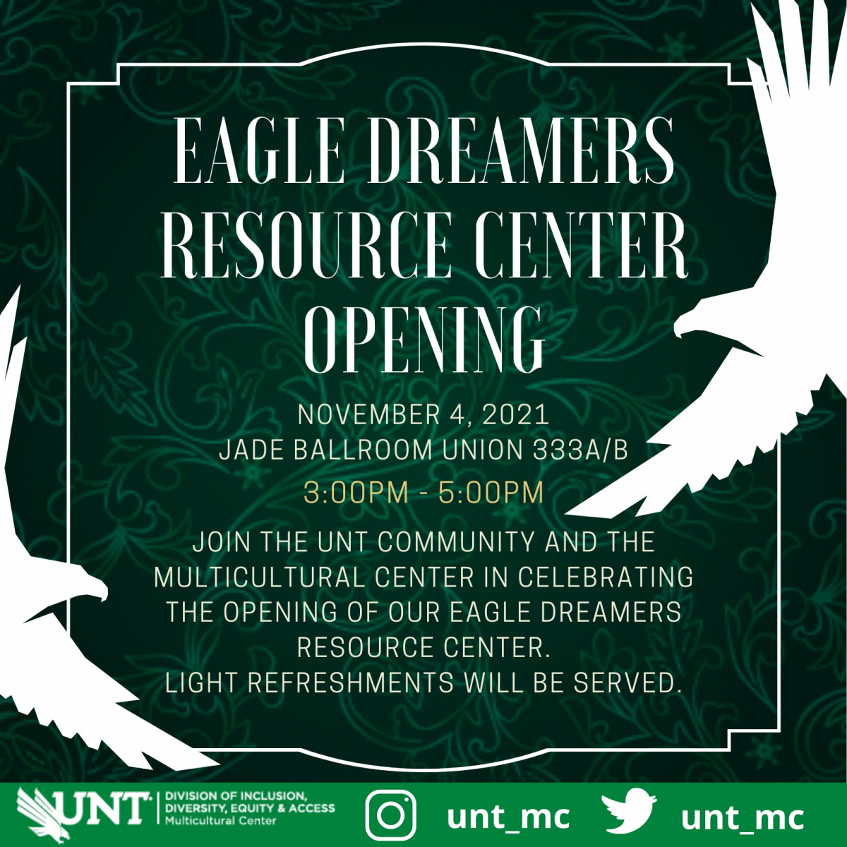 Dark green background with two       white eagles soaring with wings outstretched. Text reads:       November 4, Jade Ballroom Union, 3-5pm