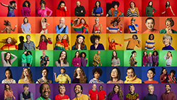 Picture of different people on rainbow-colored background