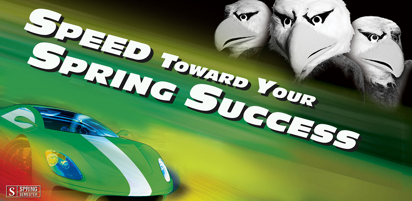 Speed Toward Your Spring Success Flyer with Green Racing Car and Pictures of Scrappy