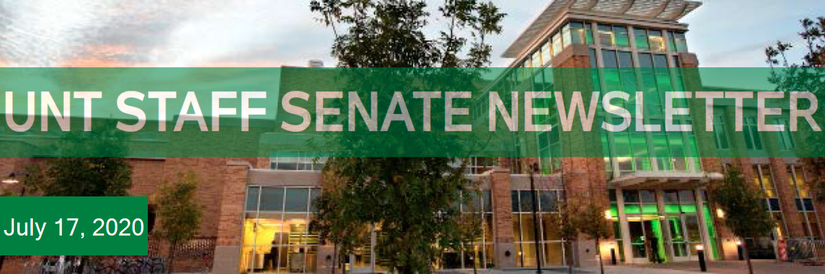 Staff Senate masthead, photo of the UNT University Union with the words UNT Staff Senate Newsletter July 17, 2020 across the photo
