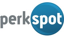 Perkspot logo. Perk is gray with a white background, and spot is white with a blue circular background