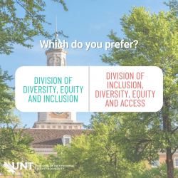 Which do you prefer, Division of Diversity, Equity and Inclusion or Division of Inclusion, Diversity, Equity and Access? These questions are on a white background in front of the UNT clocktower and trees