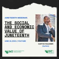 Juneteenth Webinar: The Social and Economic Value of Juneteenth. June 18, 2021 - Youtube. Picture of Curtis Faulkner, he/him pronouns. Curtis has black hair, a gray beard, a gray strip suite and white shirt.