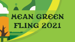 Mean Green Fling 2021. There is a cloud and a yellow tree on a green background