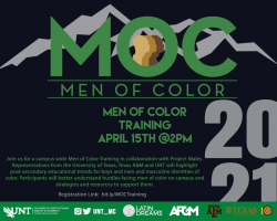 Men of Color Training April 15 @ 2 p.m. Black background with gray mountain top and MOC in green letters. 