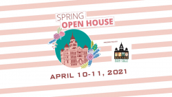 Spring Open House April 10-11, 2021. Denton capital in pink and red colors in blue circle with flowers against pink and white striped background