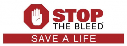 An icon with a stop sign and a hand motioning “STOP”. STOP THE BLEED logo with the text “SAVE A LIFE” underneath.