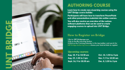 UNT Bridge Authoring Course. Flyer has a picture of a person typing on a laptop keyboard