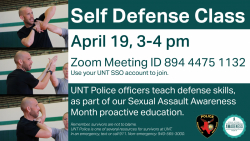 Self Defense Class April 19, 3 -- 4 p.m. Zoom Meeting ID 894 4475 1132. Police officer in black t-shirt and participant in blue t-shirt practicing self defense tactics