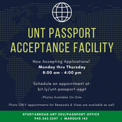 UNT Passport Acceptance Facility - accepting applications Monday--Thursday from 8 a.m.--4 p.m.