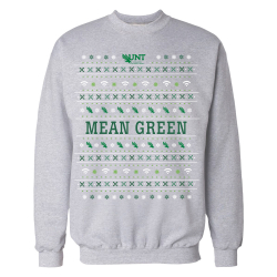 Una sudadera en gris decorada con estampado bordado en blanco y verde con las palabras Mean Green en el centro y el logotipo [o nuevo de UNT]