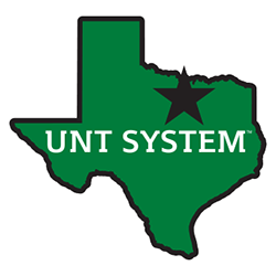 Illustration of the state of Texas with star on the north texas region. Text on image says UNT System.